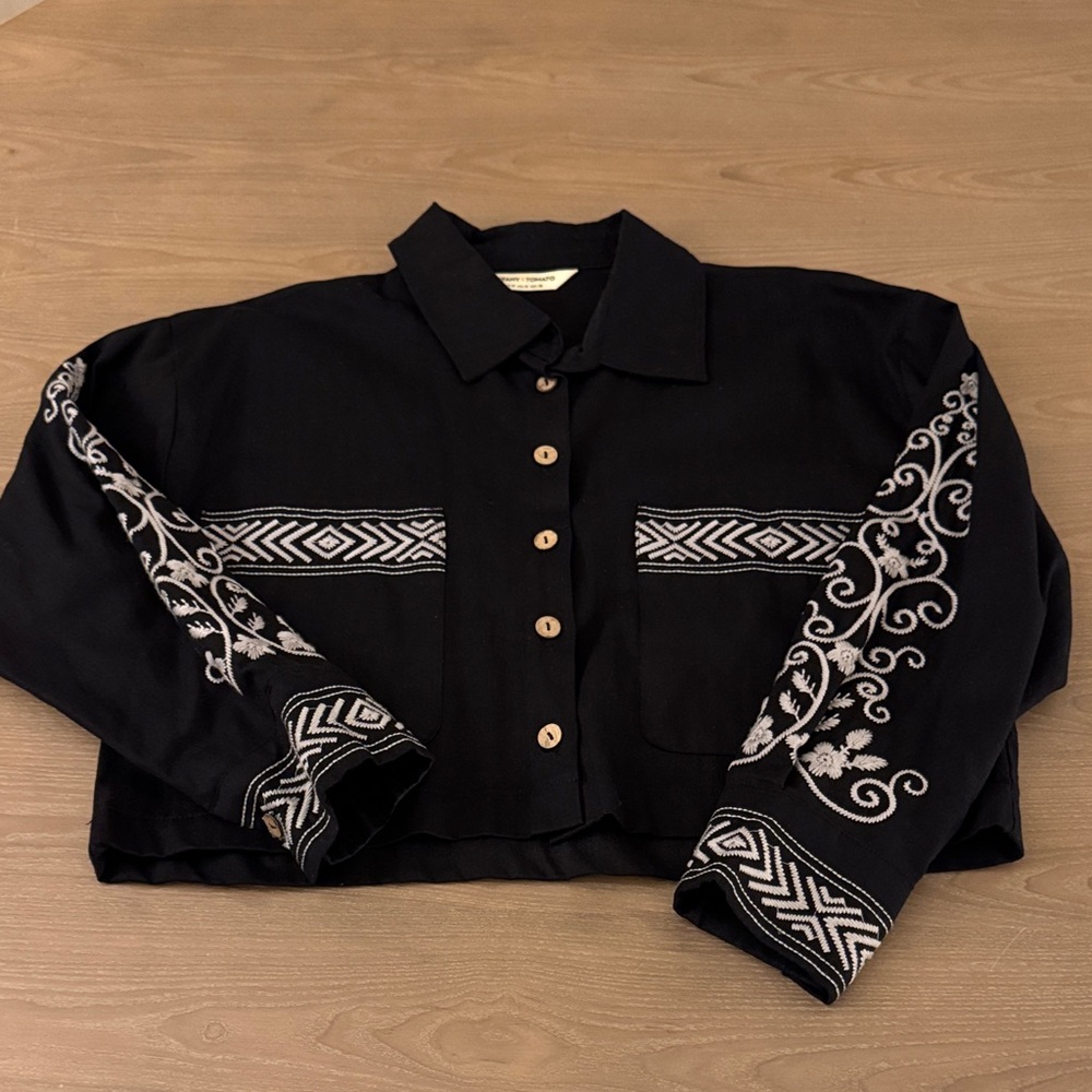 Embroidered Black Button-Up Women's Top